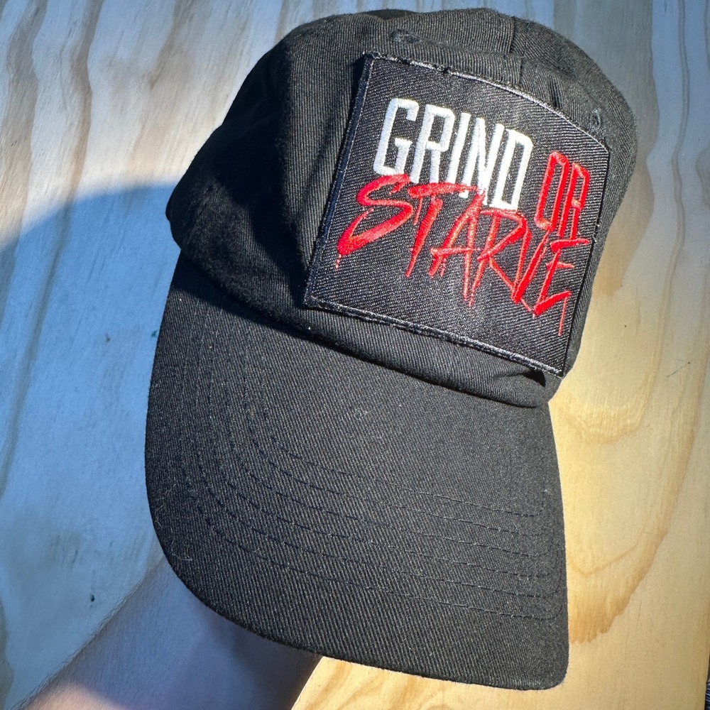 Grind or Starve Men Black Baseball Hat Adjustable Strap Back One Size